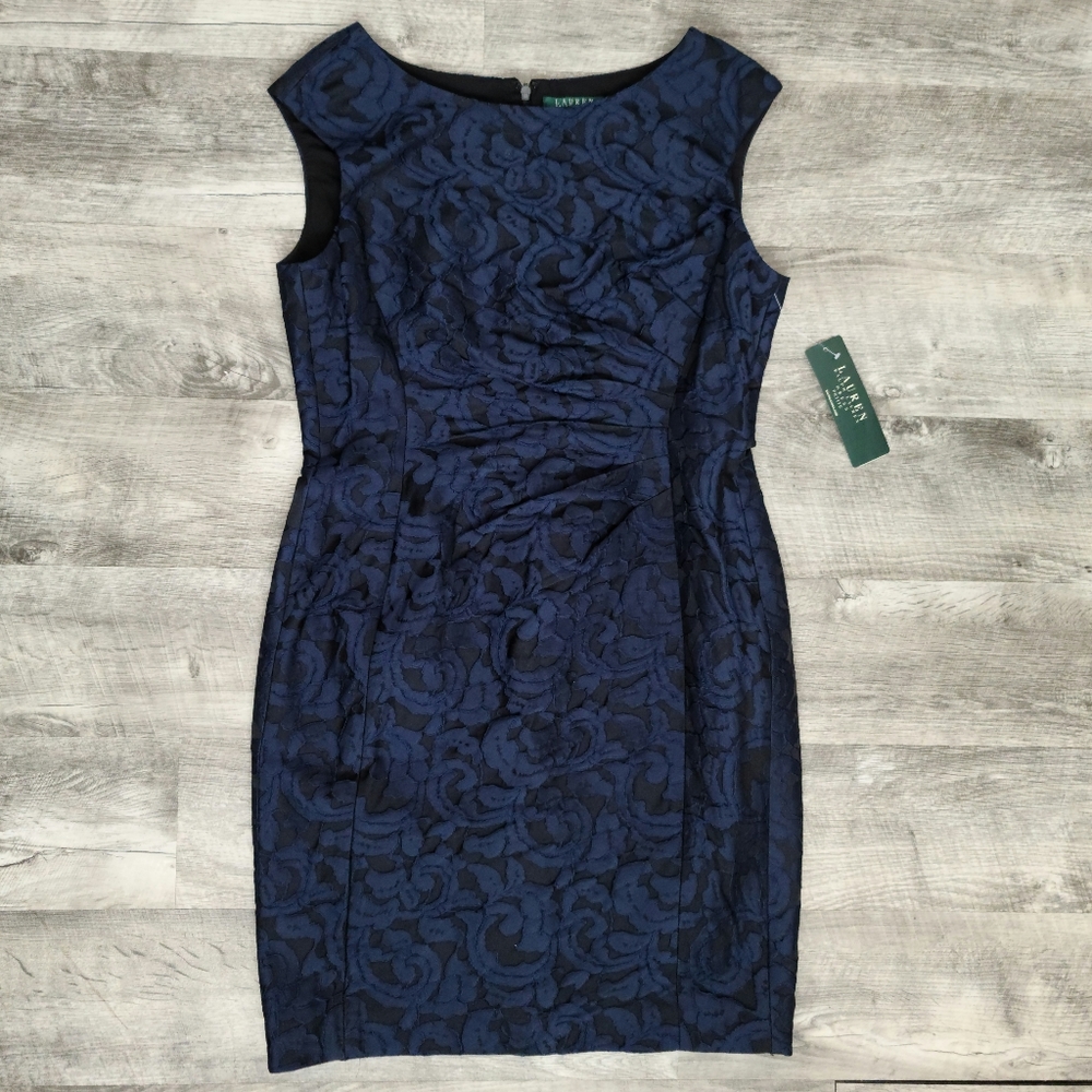 NWT Ralph Lauren Blue Lace Sheath Dress Size 16P